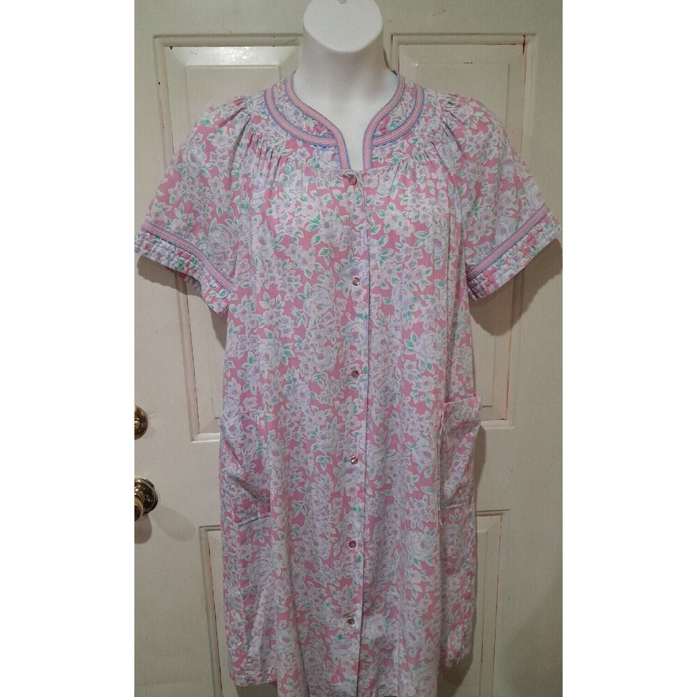 Vintage Leisure Life Housedress Robe Duster Housecoat Pink Bouquet Flowers Large